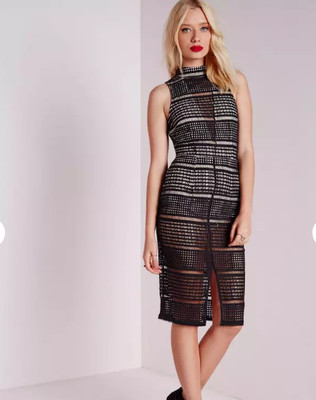 black lace high neck midi dress