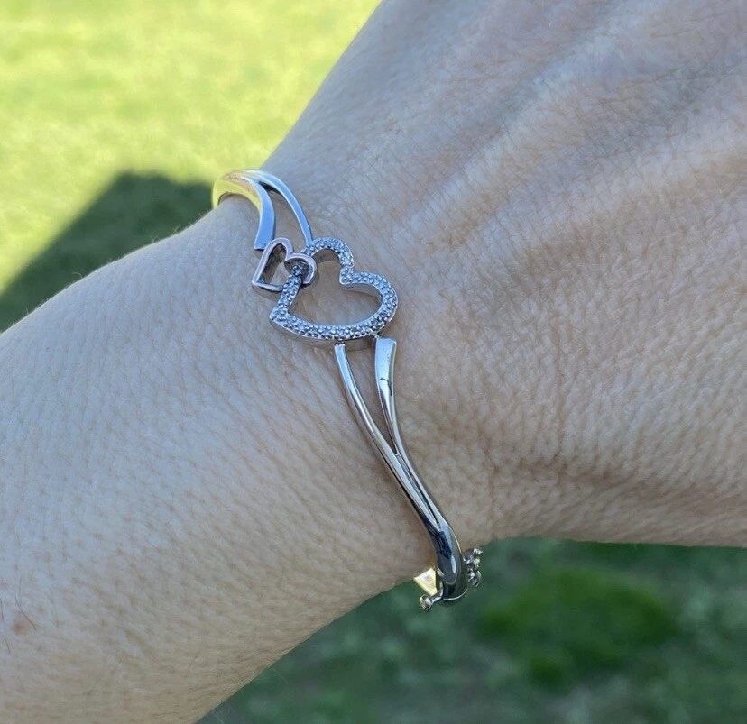Brazalete Brazalete Corazón Diamante Genuino Plata de Ley con Acento Oro Rosa 10k Foto 3 de 4