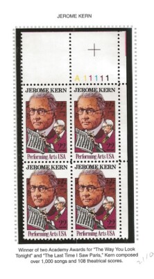 PLATE BLOCK 2110 JEROME KERN VF MNH