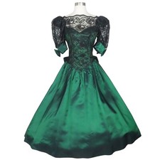 Vintage 80s Green Taffeta Black Lace Puff Sleeve Full Skirt Prom Party Dress XS