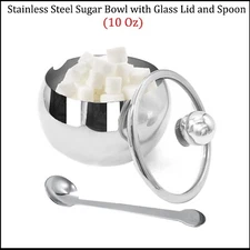 Stainless Steel Sugar Bowl with Glass Lid and Spoon 10 Oz for Salt Candy Coffee