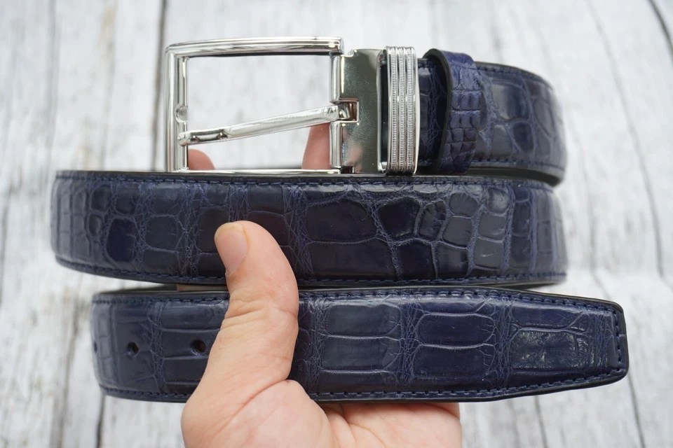 Blue Genuine CROCODILE Belly Leather Skin Men's Belt - W 1.3" #H21 - Image 2 of 4