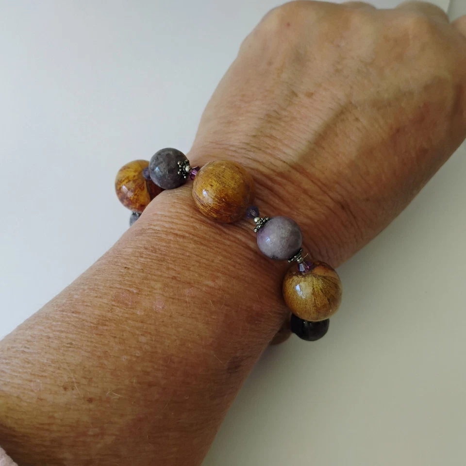 Chunky Wood Bead and Purple Quartz Stone Bead Stretch Bracelet - Image 3 of 4