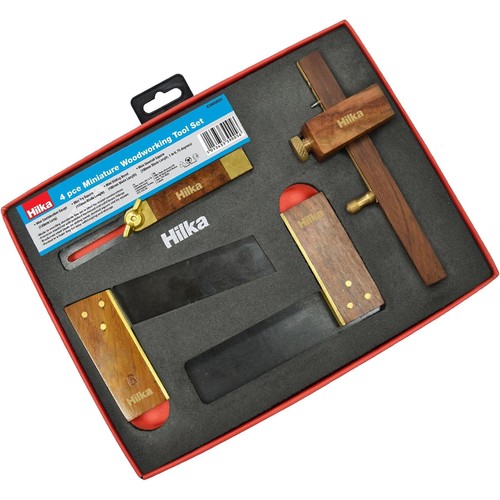 Hilka 4Pcs Miniature Woodworking Tool Set in PU Tray Model Woodworkers Kit - Picture 6 of 8