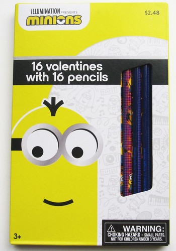 MINIONS Movie Valentine Day Cards Box of 16 Kids With Pencils BRAND NEW Official