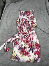 Express Dress Womens Small White Floral Sleeveless Ruffle Belted Fit Flare