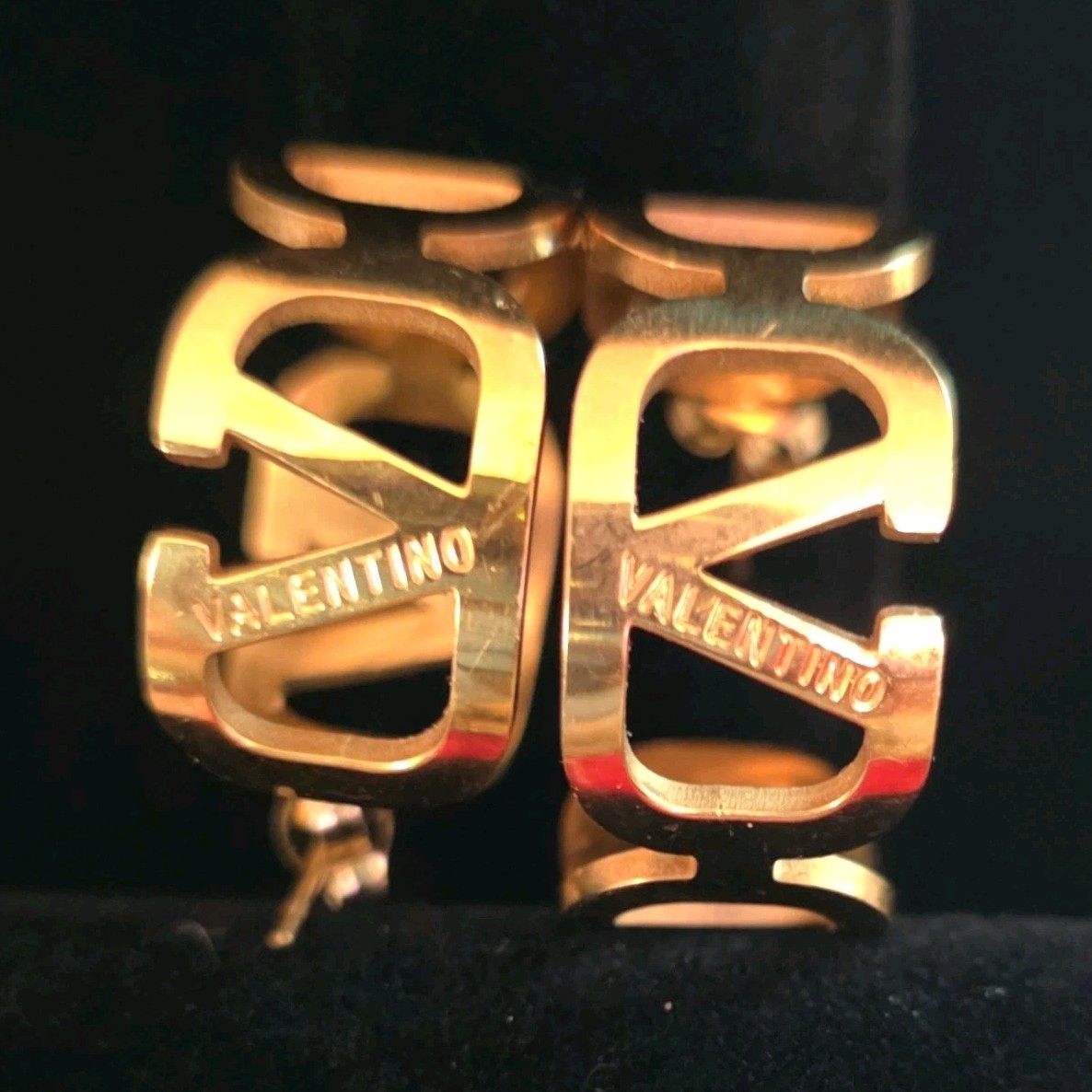 Valentino Gold Tone Metal Round Hoop Earrings Butterfly Closure Signed for Lobe