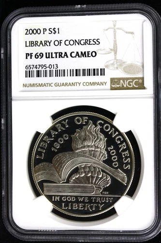 2000 P $1 LIBRARY OF CONGRESS COMMEMORATIVE SILVER COIN, NGC PF69