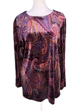 Briggs New York Petite Purple Paisley Velvet Pullover Top Size PL Fall 🍁Boho