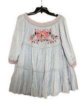 Free People Embroidered Off-The-Shoulder Boho Tiered Mini Dress Light Blue-XS