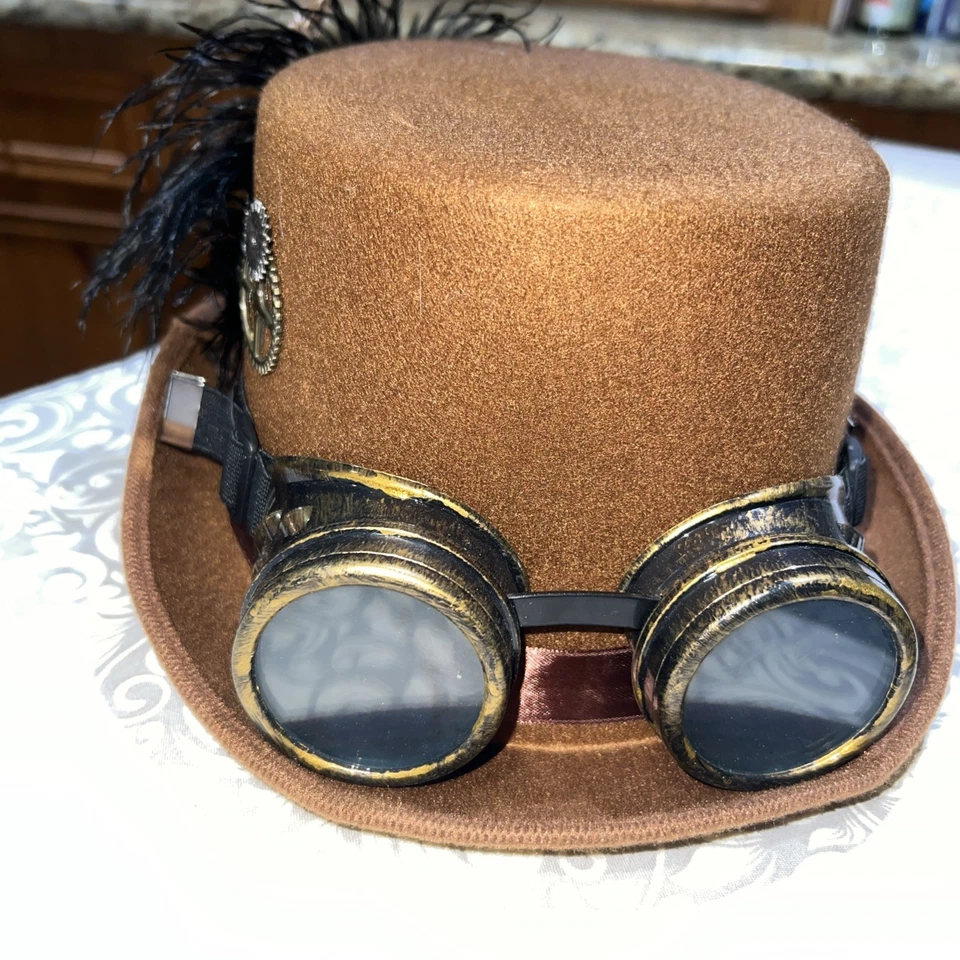 Disfraz Steampunk | Sombrero Steampunk Marrón Gafas Marrón Hoja Dorada Foto 2 de 4