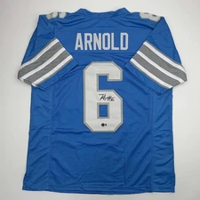 Autographed/Signed Terrion Arnold Detroit Blue Football Jersey Beckett BAS COA