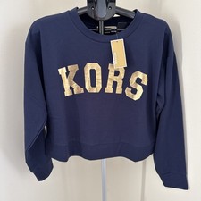 Michael Kors Womens Sweatshirt Sz M Navy Gold Kors Logo Long Sleeve Cropped NWT