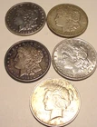 FIVE 90% SILVER  DOLLARS, MORGAN AND PEACE-NUMISMATIC VALUE OR SCRAP