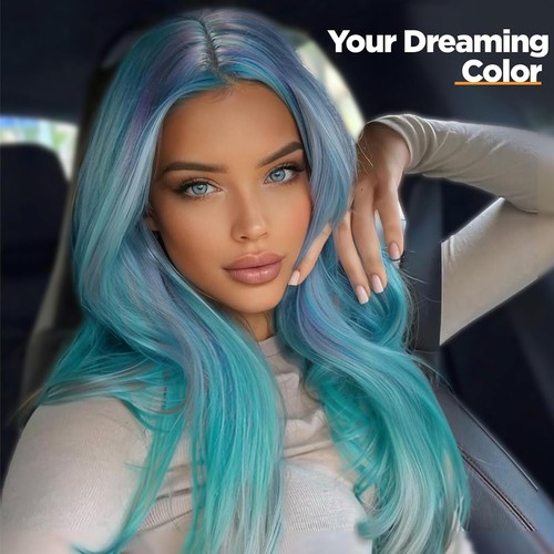 28 Inches Long Straight Rainbow Wig Bluish Green Layered Hair Middle Synthetic - Picture 4 of 9
