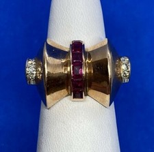 Art Deco 14K Rose Gold with Diamonds Ruby-Colored Stones Ring Size 6