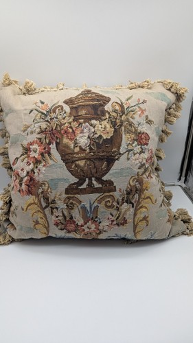 Tapestry Throw Pillows Pair Woven Aubusson Jacquard Needlepoint Urn & Florals - Picture 4 of 16