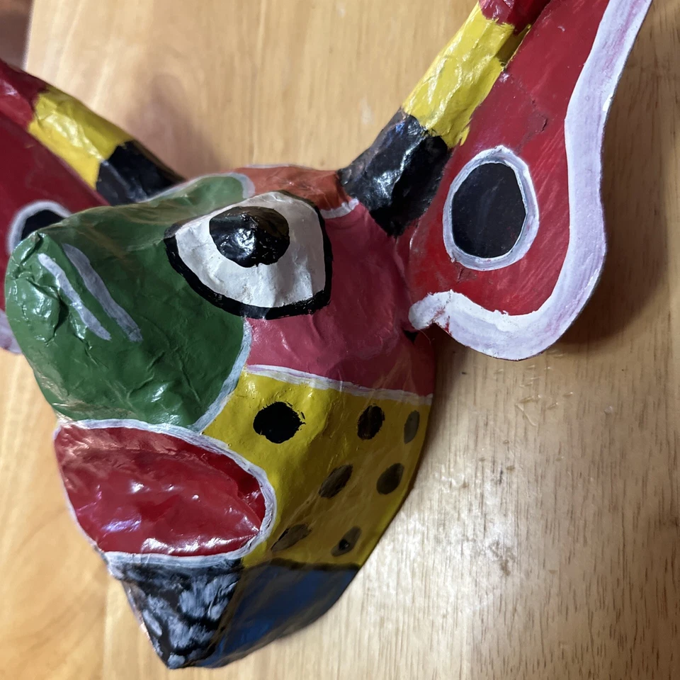 Vintage Mexican Paper Mache Mask colorful horned beast  mask wall hanging 10”W - Image 4 of 4