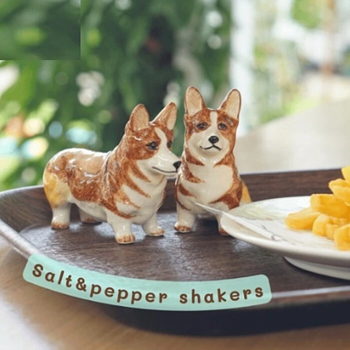 Set Corgi Dog Figurine Salt Pepper Shaker Ceramic Kitchenware Collect Home Decor