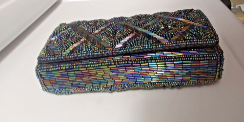 Dark Blue Iridescent Beaded Satin Clutch Purse Fold over (NEW) - Picture 3 of 7