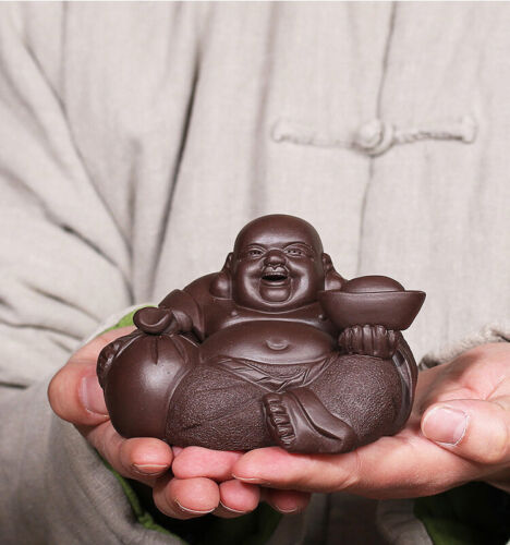 Statua Buddha vera yixing zisha viola argilla buona fortuna porta manufatti fatti a mano nuovi - Foto 1 di 10