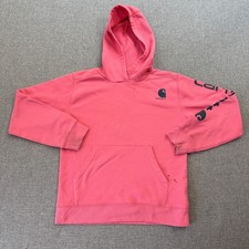 Carhartt Girls L 12 Pink Pullover Hoodie Logo Sleeve Fleece Stained Distressed