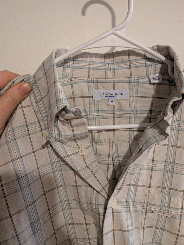 Alex Cannon 正装衬衫男式中号米色多色格子纽扣 — 第 4/4 张图片