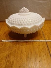 Vintage Fenton Milkglass Hobnail footed White Candy Dish With Lid