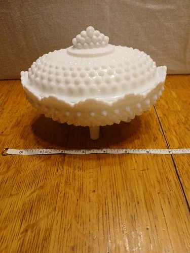 Vintage Fenton Milkglass Hobnail footed White Candy Dish With Lid