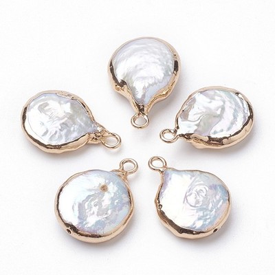 10pcs Electroplate Natural Pearl Pendants Freshwater w/ Iron Findings Flat Round