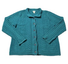 L.L.Bean Women's Large Teal Blue Cotton Cable Knit Cardigan Sweater Button Front