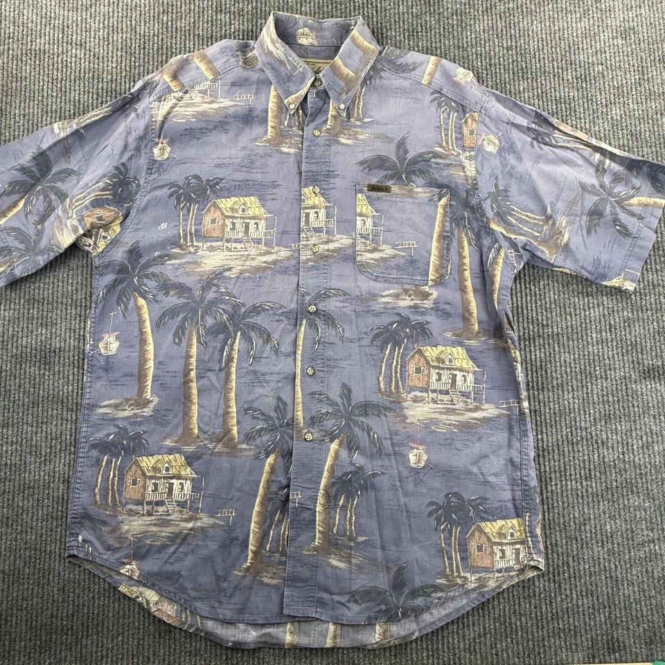 Camisa de Colección Woolrich Para Hombres Grande Azul Hawaiana Aloha Abotonada Algodón Palmeras Foto 2 de 4
