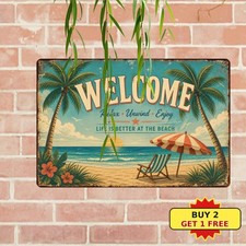 Beach Welcome Tropical Palm Tree Coastal Scene Aesthetic Metal Sign 8x12