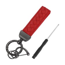 Leather Car Keychain, 5" Key Chain with D Ring and Dark Gray Key Ring, Red