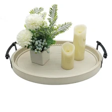 Oval Rustic Wooden Decorative Tray, Serving Tray with Metal Handles, Ottoman ...