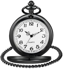 LYMFHCH Smooth Vintage Pocket Watch with Chain, Arabic Numerals 46 mm, Black