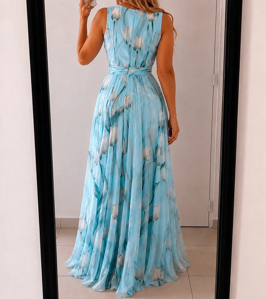 Duna Robe maxi bleu motif floral col V sans manches doublée taille S - Photo 2/4