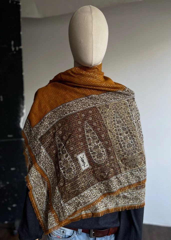 Yves Saint Laurent YSL Bufanda Vintage Años 70 Lana Seda Naranja Marrón Beige Étnico Foto 2 de 4