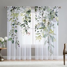 Green Eucalyptus Leaves Sheer Curtains for Living Room 84 inch Length 2 Panel...