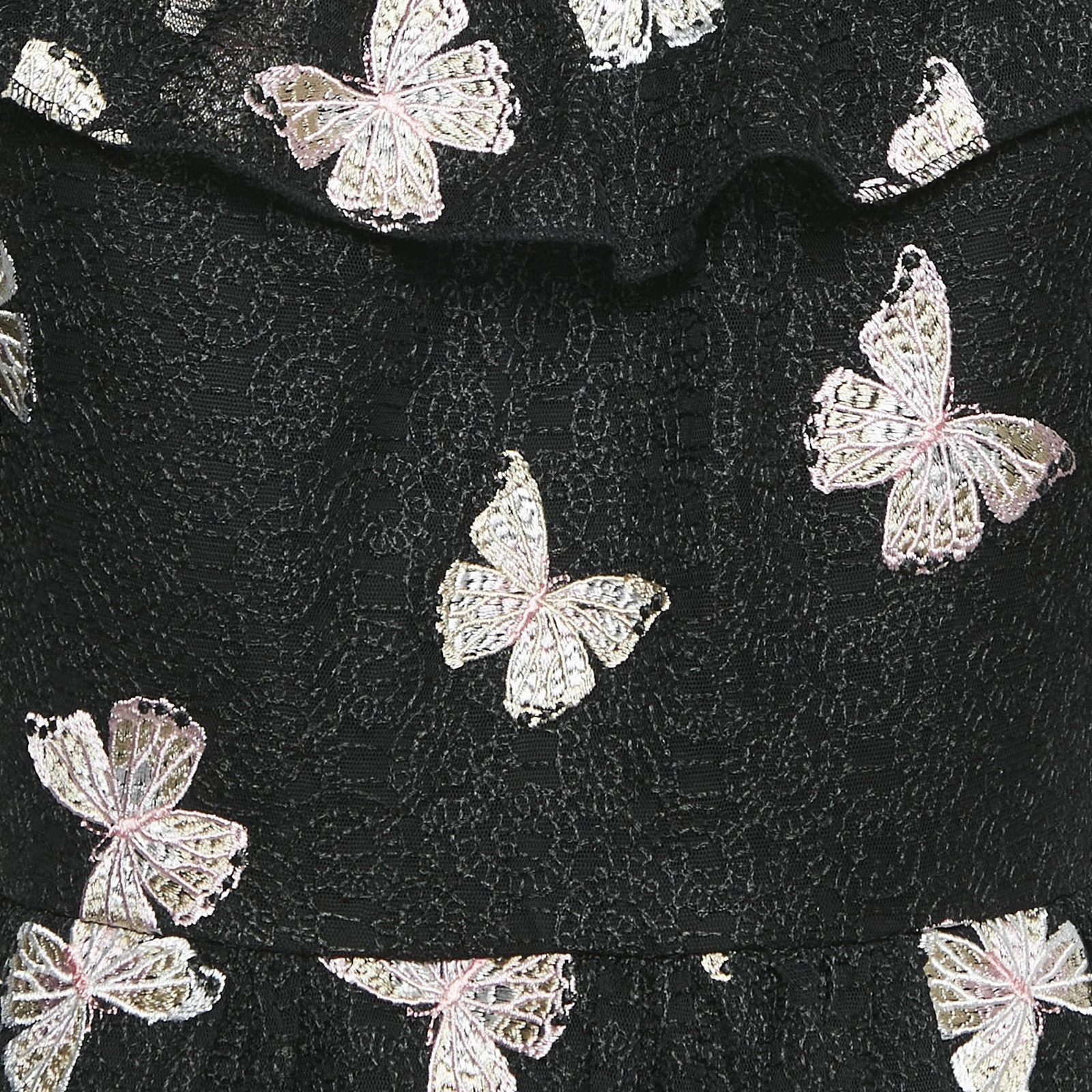 Abito corto Kate Spade nero con ricamo a farfalla in pizzo e volant M