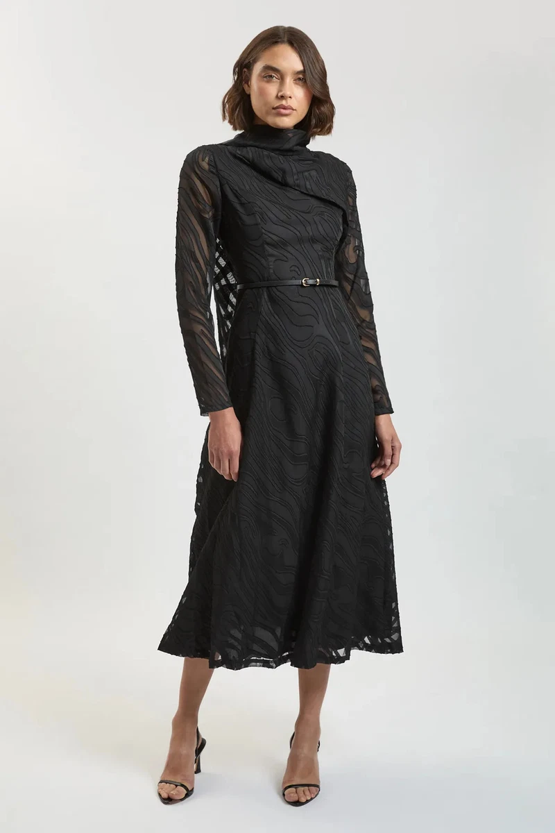 karen millen long sleeve dresses Mesh With Velvet Bow Trim Detail Long Sleeve Midi Dress