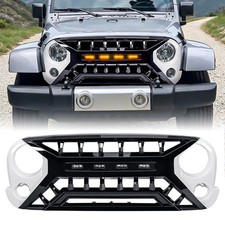 White Glossy Black Front Armor Grille W Amber Lights For 07-18 Jeep Wrangler Jk