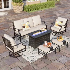 7 Seat Patio Outdoor Conversation Sectional Sofa Set with Gas Fire Pit Table