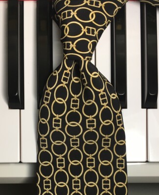 ENRICO ROSSINI /Italian Luxury Equestrian Black & Ivory Buckles & Rings Silk Tie