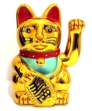  Feng Shui GOLD BECKONING CAT Wealth Lucky Waving Kitty Maneki Neko 5" Tall