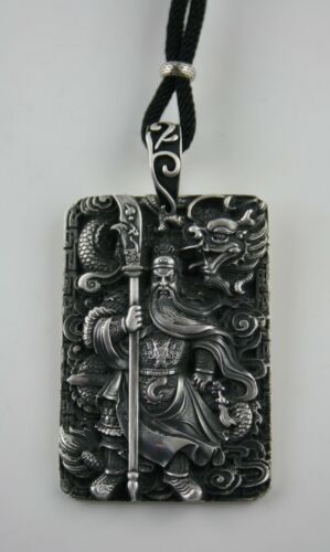 999 Sterling Silber Anhänger chinesisches Motiv Guan Yu und Drache Amulett Kette - Bild 1 von 5
