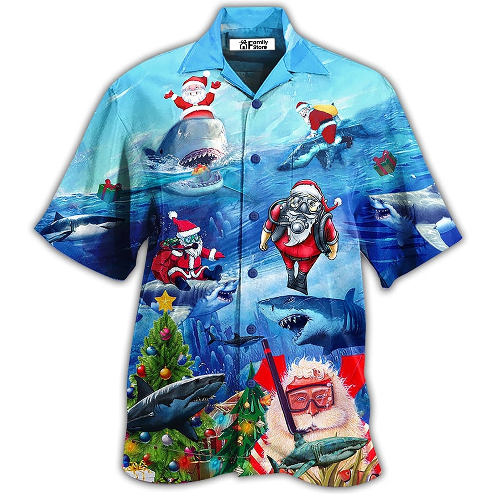 Shark Love Santa Blue Sea Hawaiian Shirt for Men - US Size Summer Style - Vibrant Design - Brand New