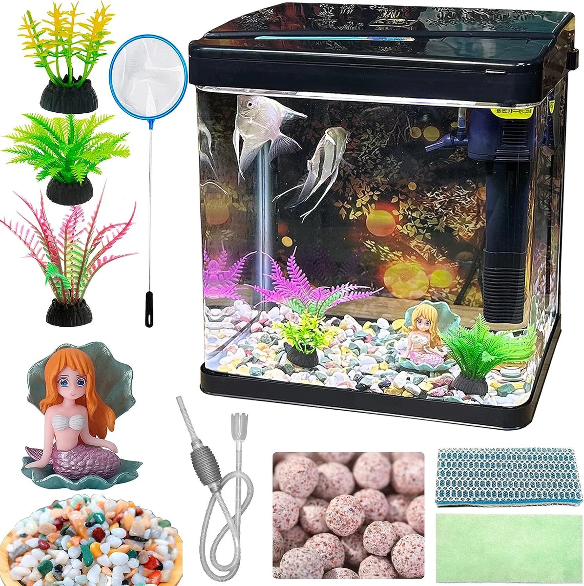 Aquarium Betta Fish Tank Glass Pump Net LED Light Plants Ornament Stone 2.3  Gal