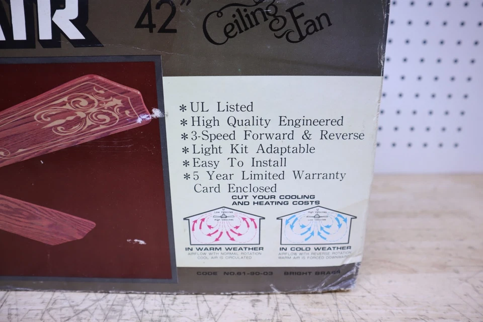 Bonito ventilador de techo de latón brillante nuevo stock antiguo NOS 42" MAXAIR con aspas de madera sintética Foto 3 de 4