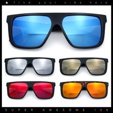 Mens Mirrored Lens 90s Flat Top Horn Rim Plastic Urban Sunglasses